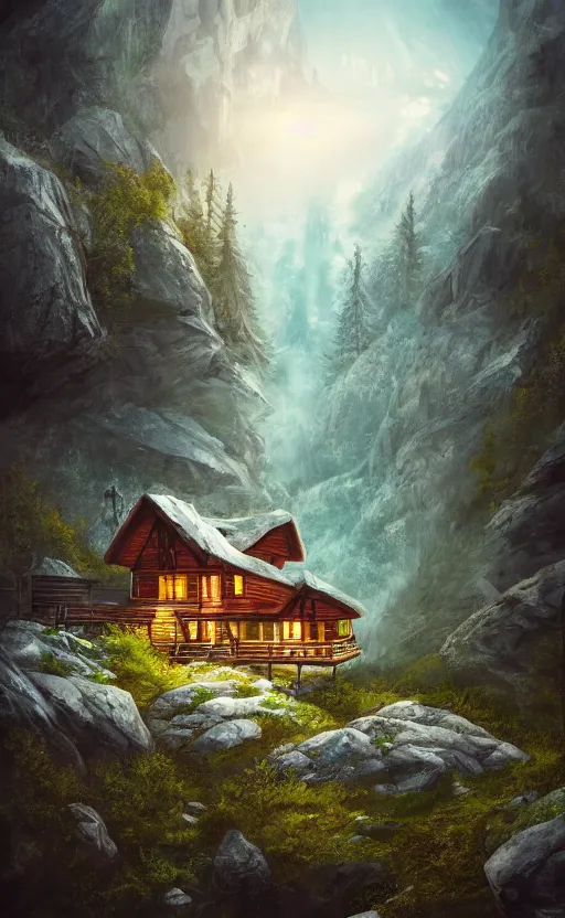 Prompt: cabin high on a mountain, the valley beneath, dynamic lighting, photorealistic fantasy concept art, trending on art station, stunning visuals, creative, cinematic, ultra detailed