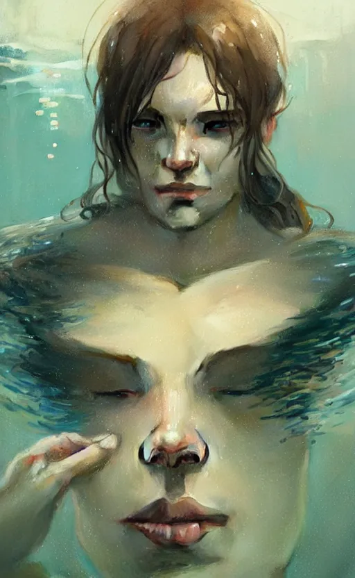 Image similar to a portrait of a drowned man under water, concept art, deep focus, intricate, highly detailed, digital painting, artstation, matte, sharp focus, bokeh, art by greg rutkowski and alphonse mucha