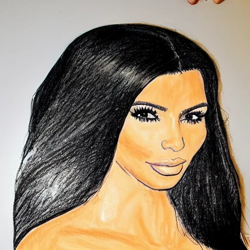 Image similar to Kim Kardashian poorly drawn in wax crayon by a five-year old