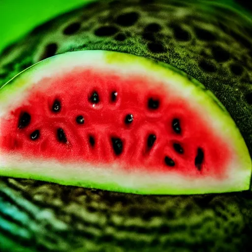 Image similar to close - up shot of a watermelon drenched in green slime, macro lens, depth of field