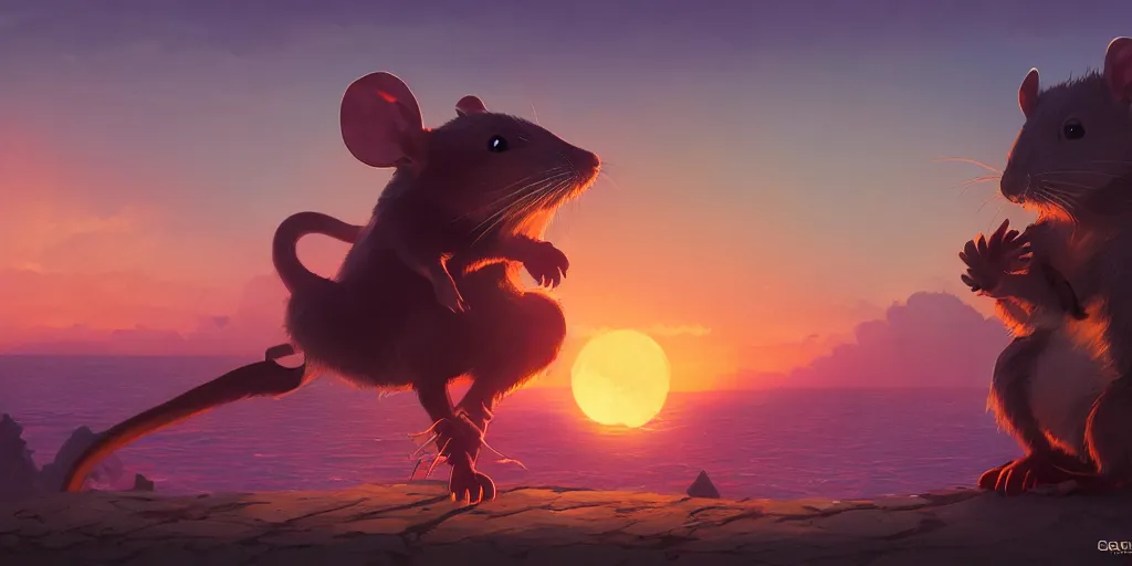 Image similar to rat enjoys the sunset, character sheet, colorful, contrast, 3 d scene, greg rutkowski, zabrocki, karlkka, jayison devadas, trending on artstation, 8 k, ultra wide angle, zenith view, pincushion lens effect