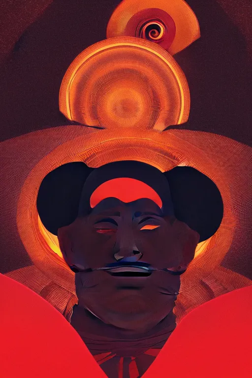 Image similar to portrait of a man with a mask on his face in the form of a spiral in a golden kimono, full face, against the background of a bright red moon, sad motif, ilya kuvshinov, dramatic, soft colors, futuristic, 8 k