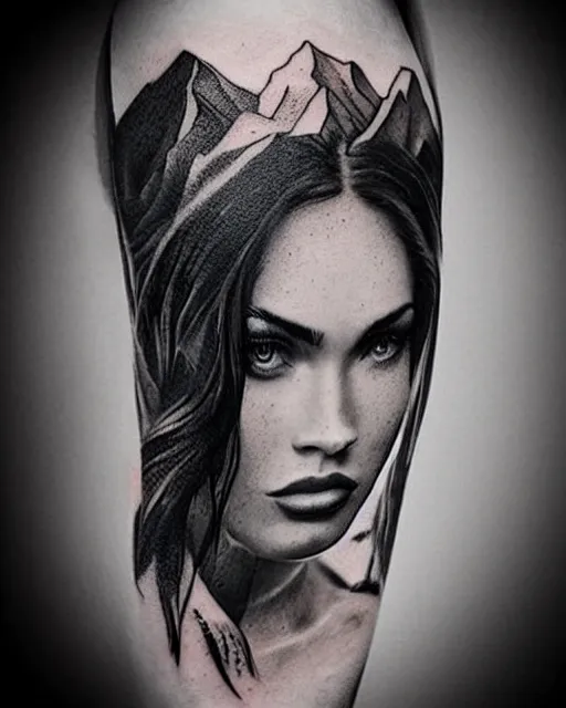 Image similar to tattoo sketch of megan fox face mash up with beautiful mountains, in the style of dan mountford, double exposure, hyper realistic, amazing detail, black and white