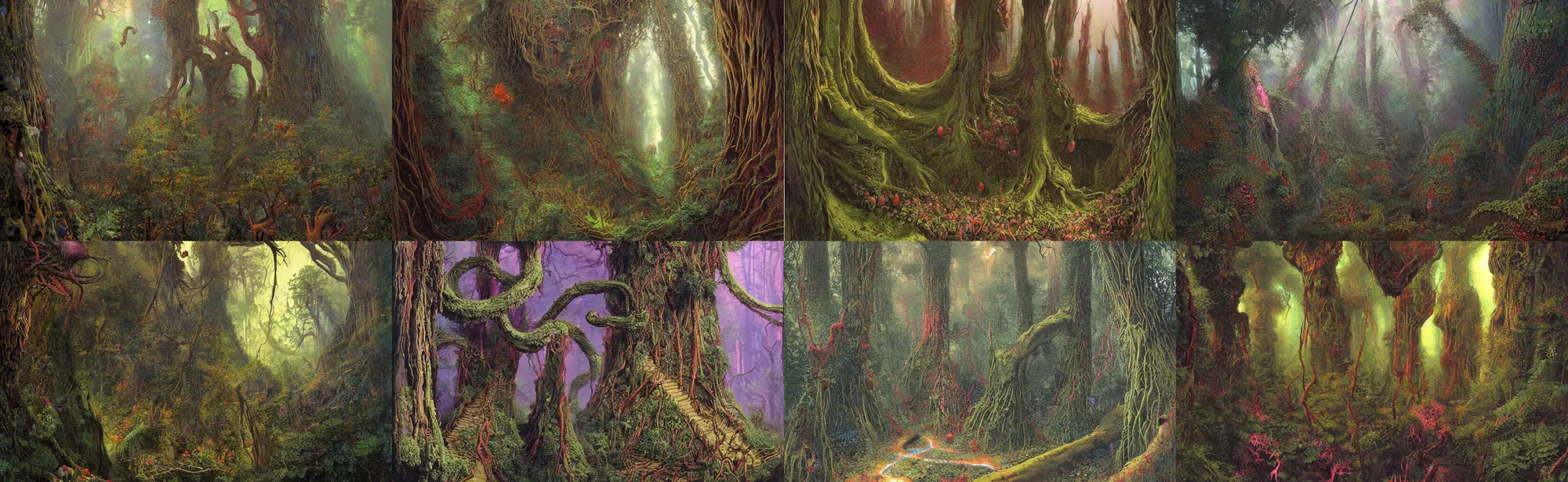 Prompt: strange alien underbrush thick with multicolored fruits of every shape and dangerous thorns, between immense living redwood trees carved into towers on every side, nature painting by Wayne Barlowe, Rembrandt, and Carvaggio :: narrow, winding dirt path through the dark woods :: shafts of light breaking through the trees and playing on the ground below