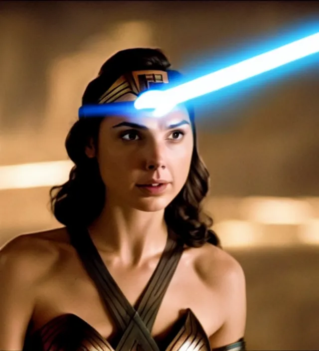 Image similar to gal gadot in star wars, movie still frame, hd, remastered, film grain, cinematic lighting