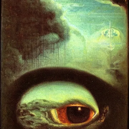 Prompt: in the depth of night a single unblinking eye looms in the sky, cosmic horror, Arnold Böcklin