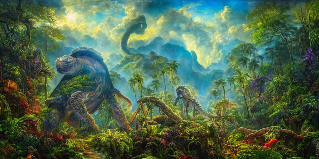 Image similar to fantasy oil painting, great leviathan, turtle cephalopod terrapin reptilian pachyderm amphibian hybrid, rainforest mountains, lush plants flowers, epic natural light, bright clouds, luminous sky, outer worlds, bright cinematic lighting, michael cheval, michael whelan, vray, 8 k hd