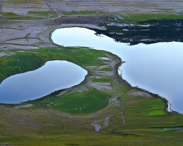 Image similar to my teeth are sharp. there is a lake in the foreground with water reflections.