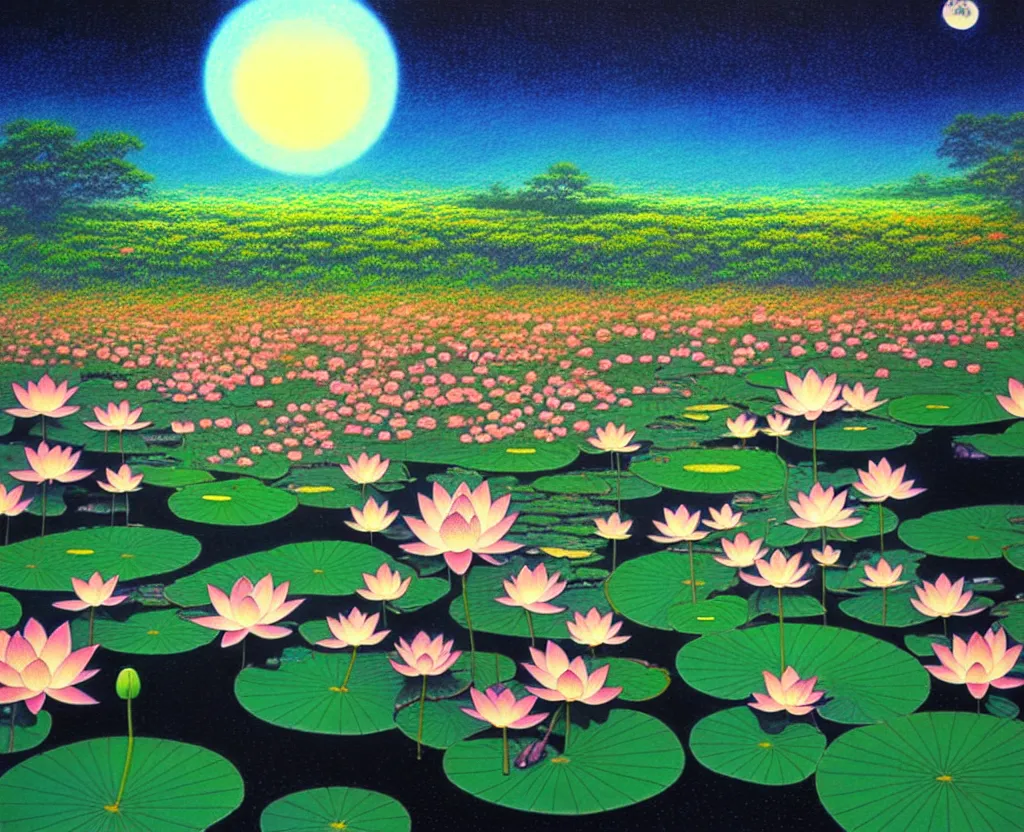 Image similar to a landscape pastel in the style of noriyoshi ohrai and mark tedin of a holy field of lotus flowers, night time. key art. 4 k retrofuturistic fantasy