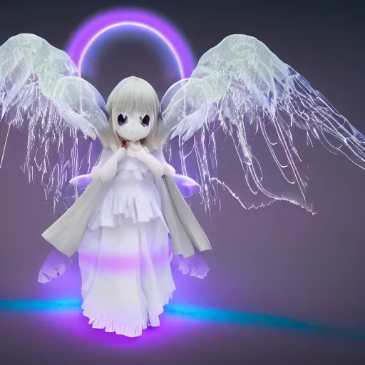 Image similar to cute fumo plush of a divine angel, gothic maiden, ribbons and flowers, ruffled wings, feathers raining, particle simulation, clouds, vray, outline glow lens flare burning sun, fallen angel, jellyfish, husky