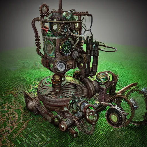 Prompt: steampunk device covered by ornamental green mold and mushrooms, fractal, manderblot, detailed, hyperrealistic, raytrace,