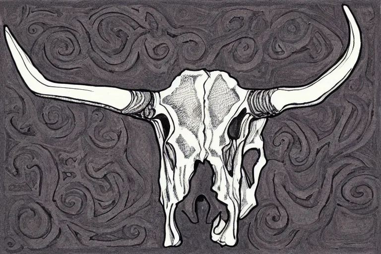 Prompt: Texas Longhorn Skull, skull bone carved with patterns, tritone, mixed media, fine linework, pen and ink, symmetry