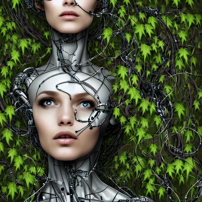 Prompt: robotic woman goddess, artificial intelligence, portrait, entwined in vines, branches and ivy, dark forest theme, sci - fi, highly detailed, elegant, hyper - realistic