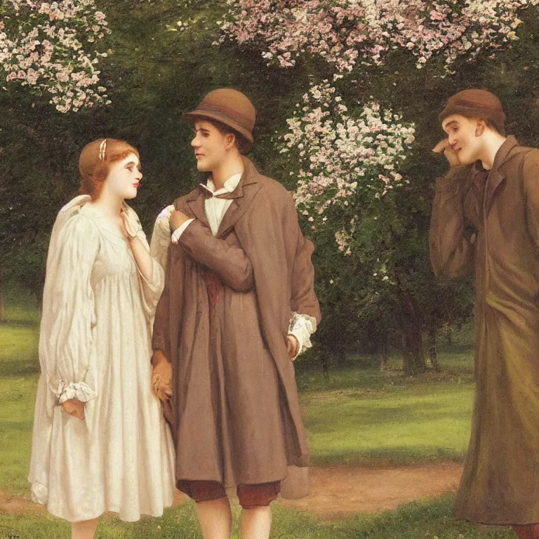 Prompt: a shy young woman and a brash young man have a secret rendezvous in a park : : springtime, circa 1 9 3 0, in the style of edmund blair leighton