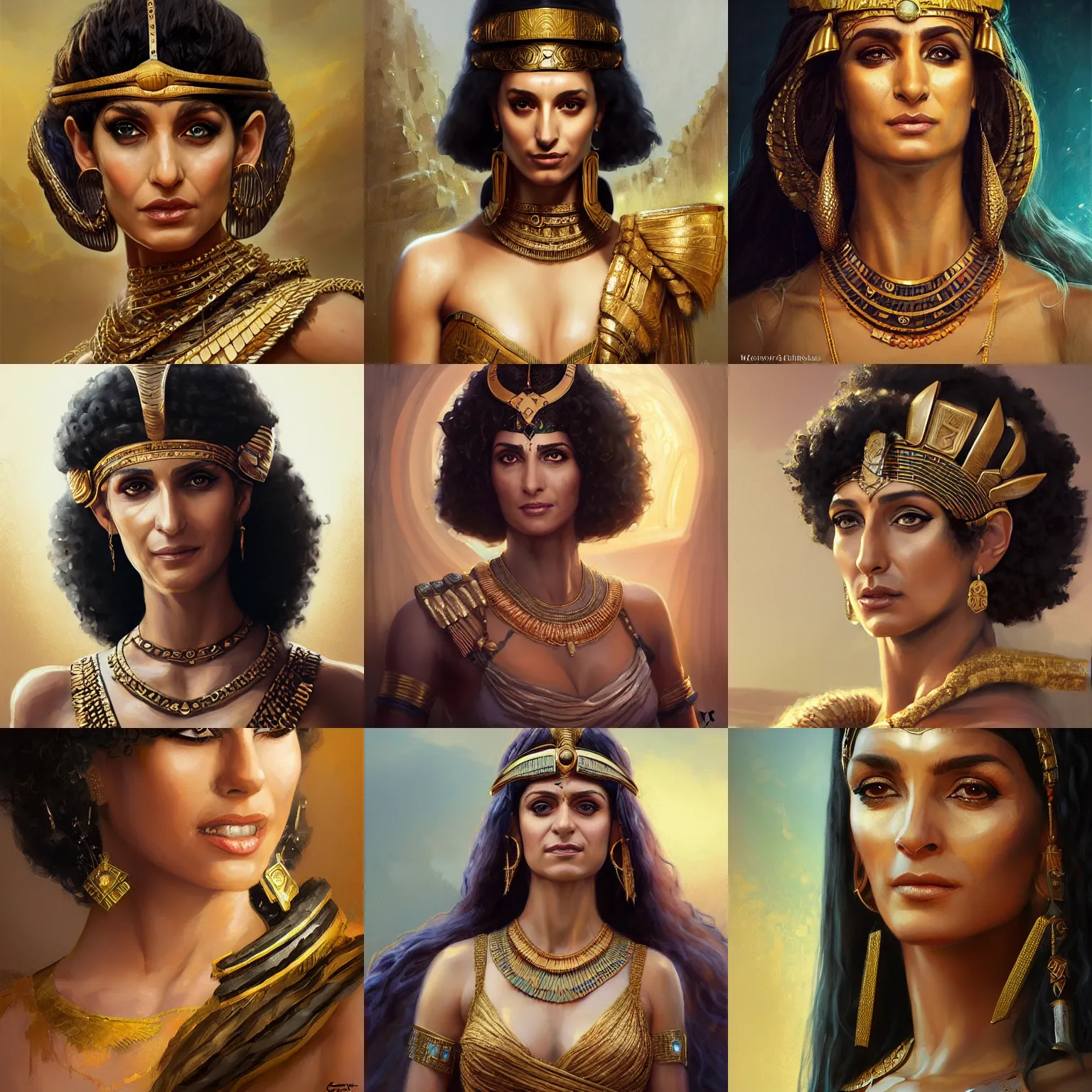 Prompt: melina kanakaredes as cleopatra, art by artgerm and greg rutkowski and magali villeneuve, portrait, highly detailed, digital painting, trending on artstation, concept art, sharp focus, illustration