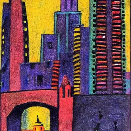 Prompt: bright, costume shocking by rufino tamayo. a beautiful drawing of a cityscape with tall spires & delicate bridges.