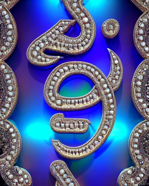 Prompt: 3D render of Hindi devanagari sanskrit calligraphy carved in iridescent bismuth crystal , swarovski studded words in metallic and diamond sparkle, hindi text, indian script, pearls, diamonds, opal, bvlgari, ultra realistic, sharp focus, symmetric, 8k high definition, insanely detailed, intricate, elegant, Hajime Sorayama, Octane render, unreal engine,