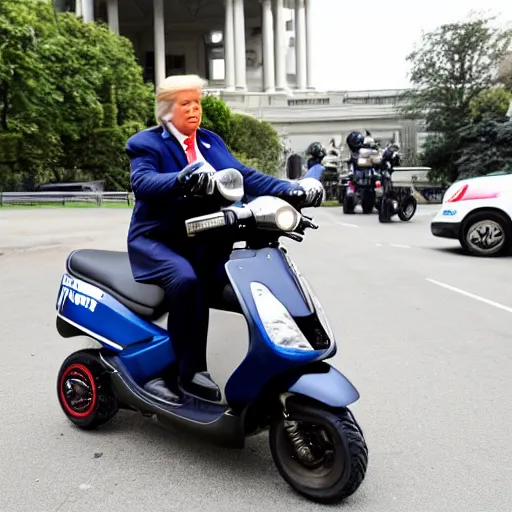 Prompt: donald trump riding a toy scooter away from police cars