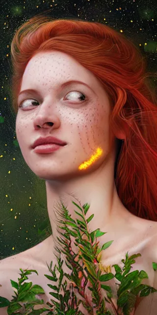 Prompt: empathic young woman, smiling amazed, golden fireflies lights, full covering intricate detailed dress, amidst nature, long red hair, precise linework, accurate green eyes, small nose with freckles, beautiful oval shape face, realistic, expressive emotions, dramatic lights, hyper realistic ultrafine art by artemisia gentileschi, jessica rossier, boris vallejo