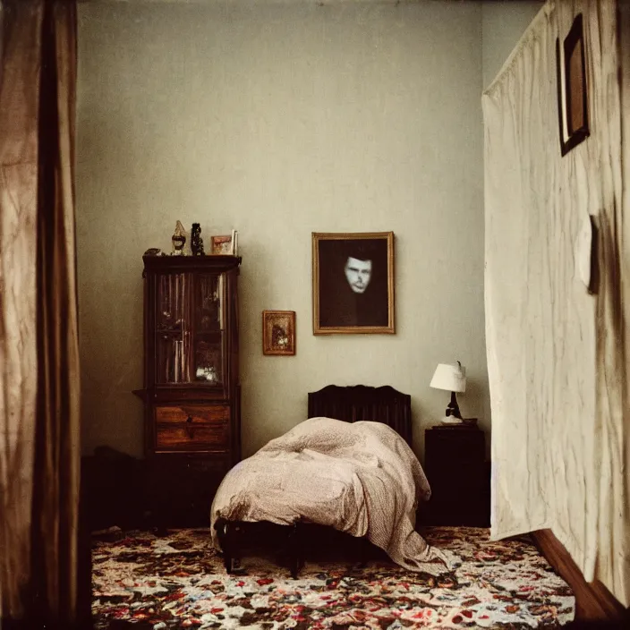 Image similar to kodak portra 4 0 0, wetplate, fisheye, award - winning portrait by britt marling, 1 8 8 0 s bedroom, ghost, picture frames, shining lamps, dust, smoke, 1 8 8 0 s furniture, wallpaper, carpet, books, muted colours, wood, fog, plants, flowers