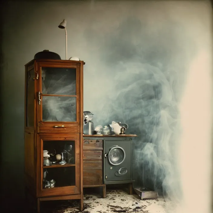 Image similar to kodak portra 4 0 0, wetplate, fisheye, award - winning portrait by britt marling, 1 9 2 0 s kitchen room, ghost, picture frames, shining lamps, dust, smoke, 1 9 2 0 s furniture, wallpaper, carpet, books, muted colours, wood, fog,