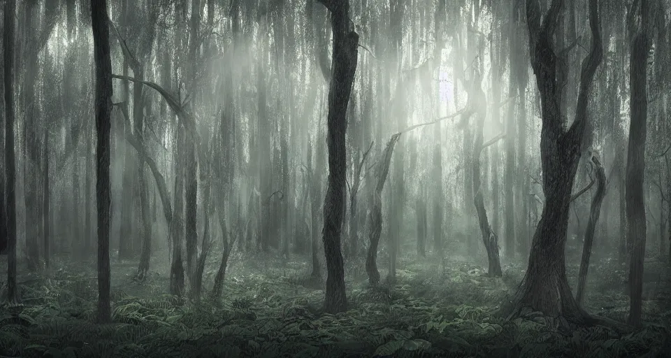 Prompt: A dense and dark enchanted forest with a swamp, by Jesper Esjing