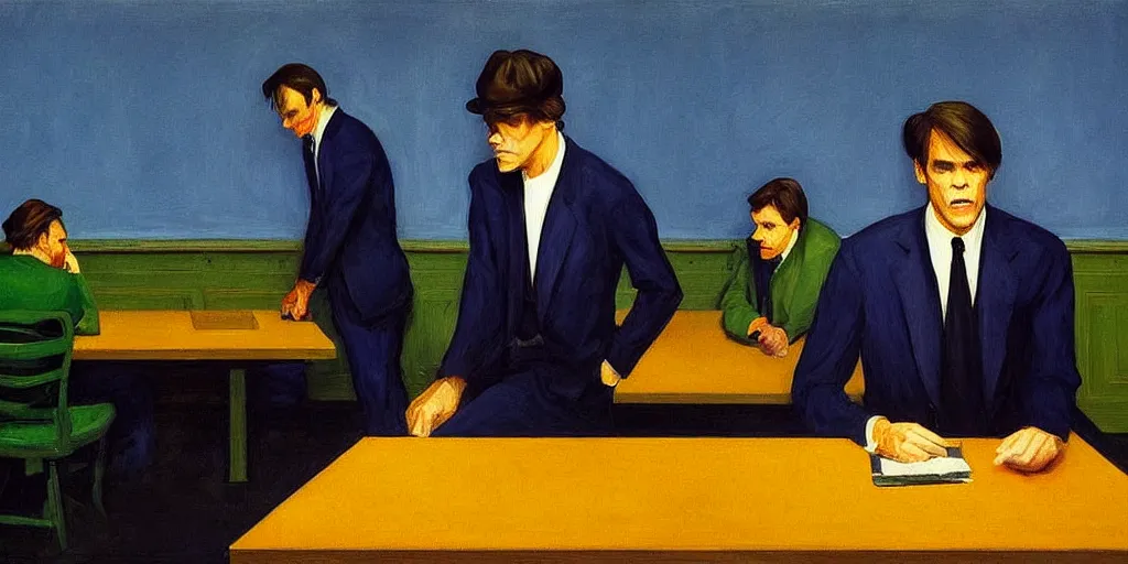 Image similar to jim carrey in the painting nighthawks by edward hopper with