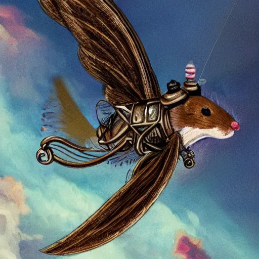 Image similar to a mouse wearing steampunk wings flying through Jupiter, fantasy illustration