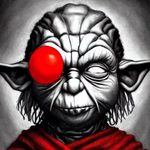 Image similar to surrealism grunge cartoon portrait sketch of yoda with a wide smile and a red balloon by - michael karcz, loony toons style, freddy krueger style, horror theme, detailed, elegant, intricate