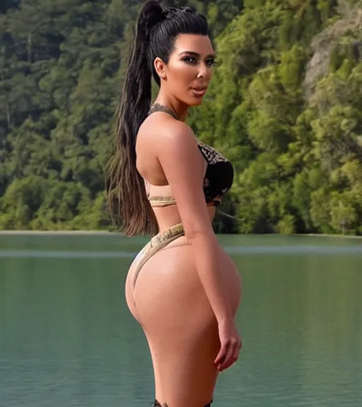 Prompt: rear waist still of kim kardashian wearing a high tightly fitted thong, standing by a lake, intricate, elegant, highly detailed, smooth, sharp focus.