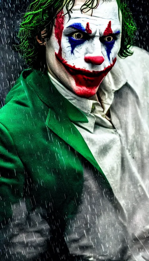 Image similar to joaquin pheonix as the joker, in the rain