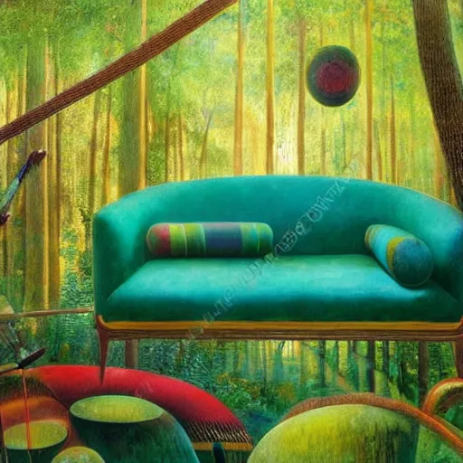 Image similar to psychedelic couch sofa in the lush forest, milky way, designed by arnold bocklin, jules bastien - lepage, tarsila do amaral, wayne barlowe and gustave baumann, cheval michael, trending on artstation, mediterranean, star, sharp focus, colorful refracted sparkles and lines, soft light, 8 k 4 k