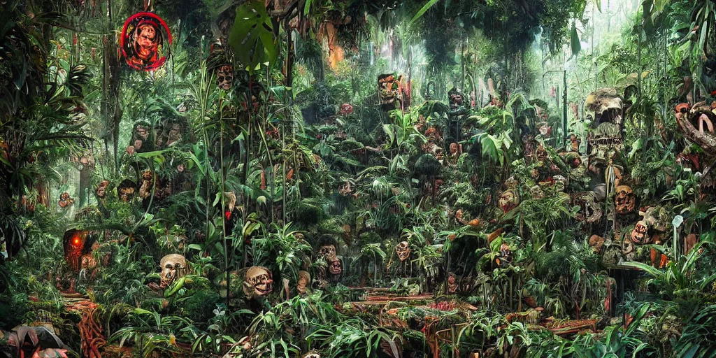 Image similar to a jungle path made of skulls covering a red line subway station in Hollywood/Vine, skulls scattered in the nearby jungle, lush, dense jungle, award winning, cinematic light, by Oliver beck and Marc simonetti