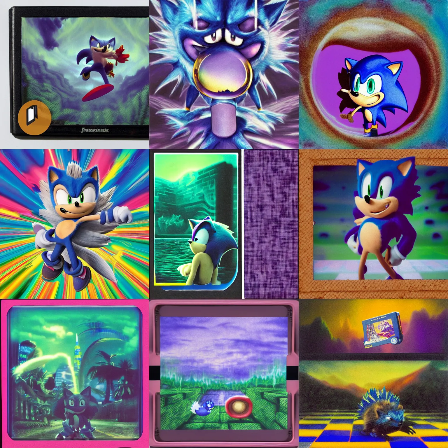 Prompt: dramatic polaroid portrait of sonic hedgehog and a matte painting landscape of a surreal, sharp, foggy, detailed professional soft pastels high quality airbrush art album cover of a liquid dissolving airbrush art lsd dmt sonic the hedgehog swimming through cyberspace, purple checkerboard background, 1 9 9 0 s 1 9 9 2 sega genesis