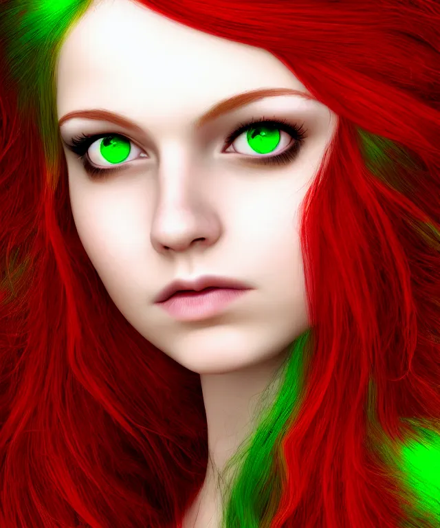 Prompt: Fae teenage girl, portrait, face, long red hair, green highlights, fantasy, intricate, elegant