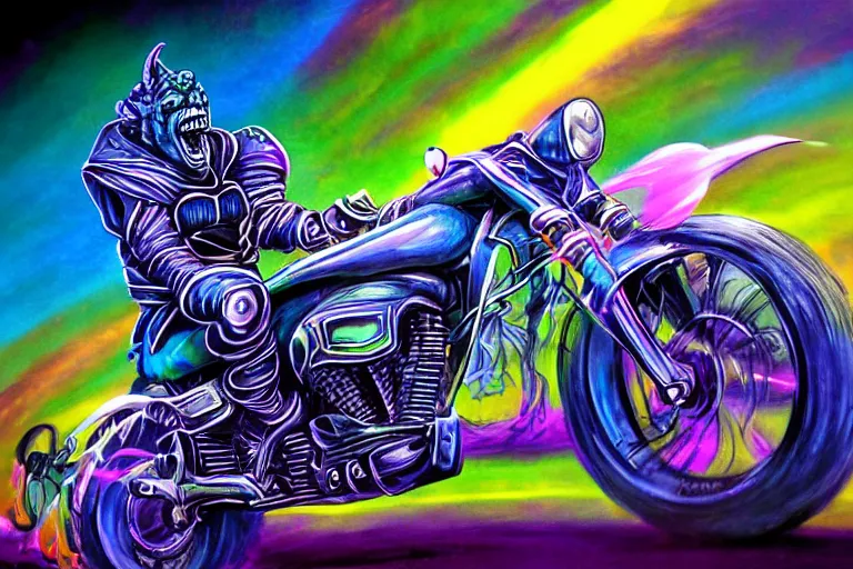 Image similar to high quality cinematic action shot of an orc doing a wheelie on a motorcycle, psychedelic blacklight airbrush art