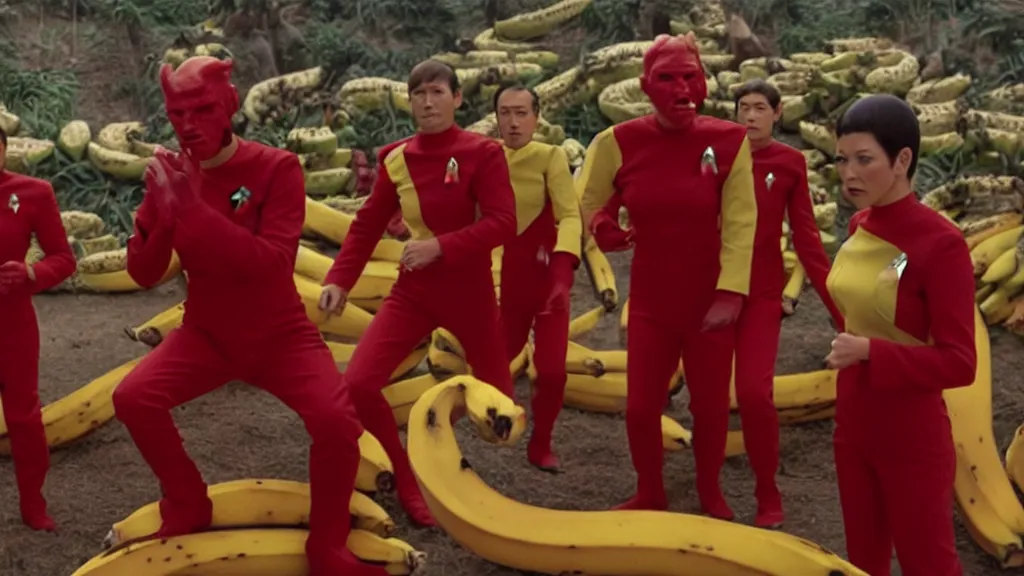 Image similar to giant monsters made of bananas, killing crew wearing red on star trek, film still from the movie directed by Denis Villeneuve with art direction by Salvador Dalí, wide lens