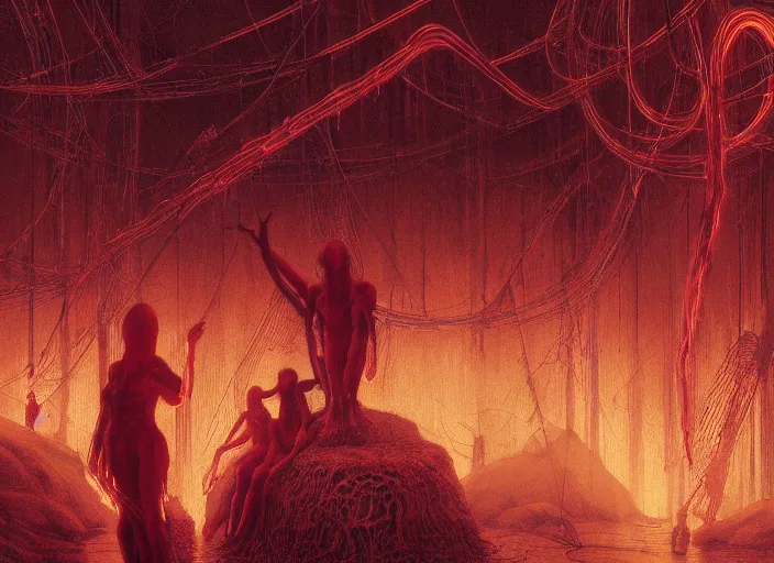 Image similar to satanic ritual, neon, they are watching, RGB, glowing wires everywhere, pristine, by Edgar Maxence and Ross Tran, Zdzisław Beksiński, and Michael Whelan, distant, gustav dore, H.R. Giger, 8k, octane render