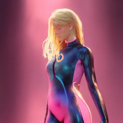 Image similar to a photorealistic dramatic fantasy render of a young girl with blonde hair and blue eyes, in pink wet suit, by wlop, artgerm, greg rutkowski, alphonse mucha, beautiful dynamic dramatic dark moody lighting, shadows, cinematic atmosphere, artstation, concept design art, octane render, 8 k