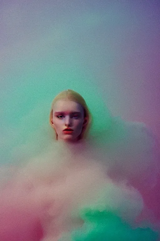 Image similar to high quality pastel coloured film close up wide angle photograph of a model wearing clothing swimming on cloud furniture in a icelandic black rock!! environment in a partially haze filled dreamstate world. three point light, rainbow. photographic production. art directed. pastel colours. volumetric clouds. pastel gradient overlay. waves glitch artefacts. extreme facial clarity. 8 k. filmic.