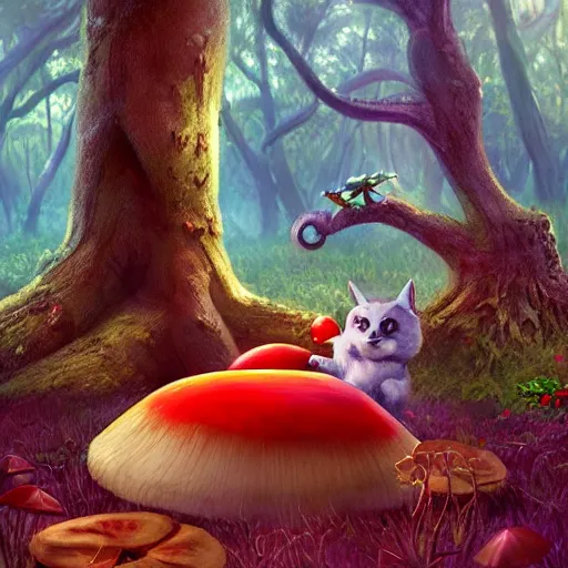 Prompt: beautiful storybook illustration of a cute fury creature eating lunch sitting on a red mushroom in a fantasy forest with old twisted trees, in the style of a Pixar movie, full shot, sharp and fine detailed, photorealistic, digital art, trending on Artstation, cinematic volumetric lighting