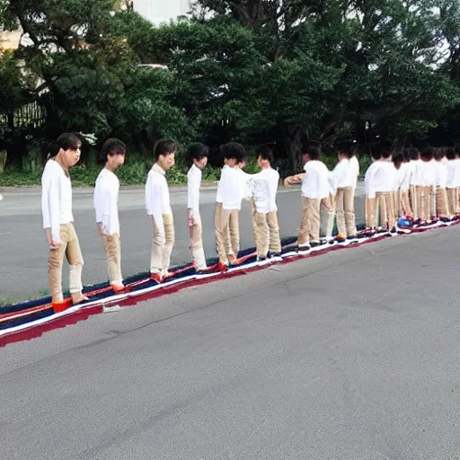 Image similar to beautiful boys, human chain join from the back and front