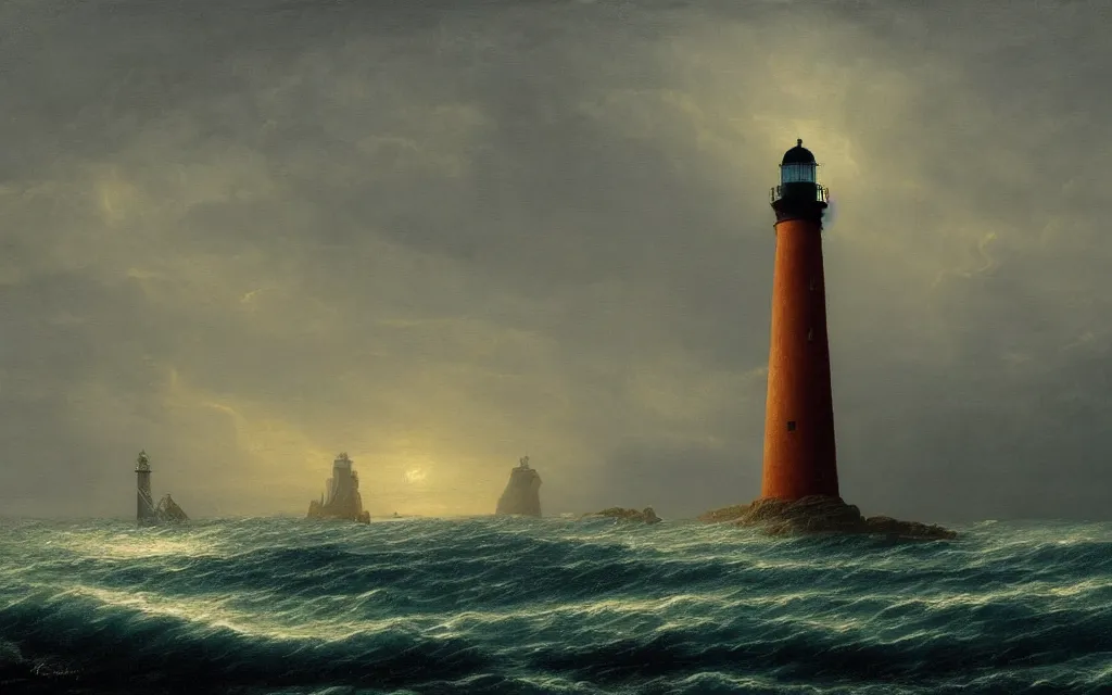 Image similar to a painting of a lighthouse in the middle of the ocean, a matte painting by Caspar David Friedrich, deviantart, gothic art, apocalypse landscape, atmospheric, nightscape