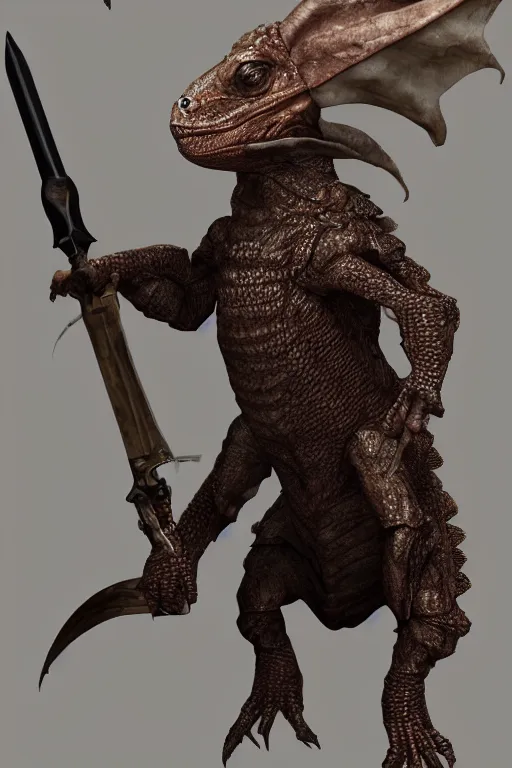 Image similar to a frilled neck lizard wearing leather armor and holding a sword, unreal engine, volumetric lighting, artstation