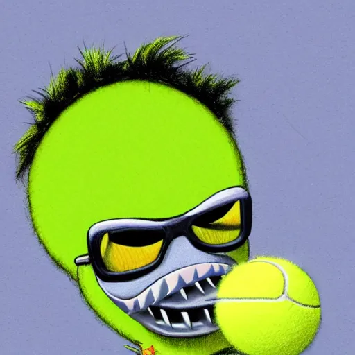 Prompt: a tennis ball monster, tennis ball, dark, chalky, wearing sunglasses and hat, digital art, fantasy, magic, trending on artstation, ultra detailed, professional illustration by Basil Gogos