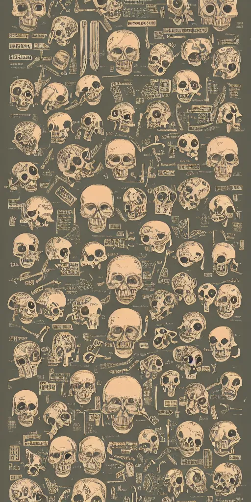 Image similar to anatomy of a skulls, diagrams, map, marginalia, sketchbook, old script, inhabited initials, pastel infographic by Wes Anderson and victo ngai