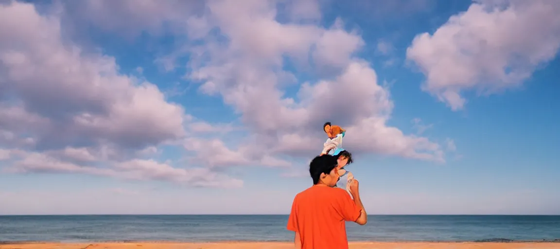 Prompt: a man carrying his child on his shoulders, walking at the beach, early morning, beautiful clouds in the sky, rule of thirds, in the style of studio ghibli and disney,