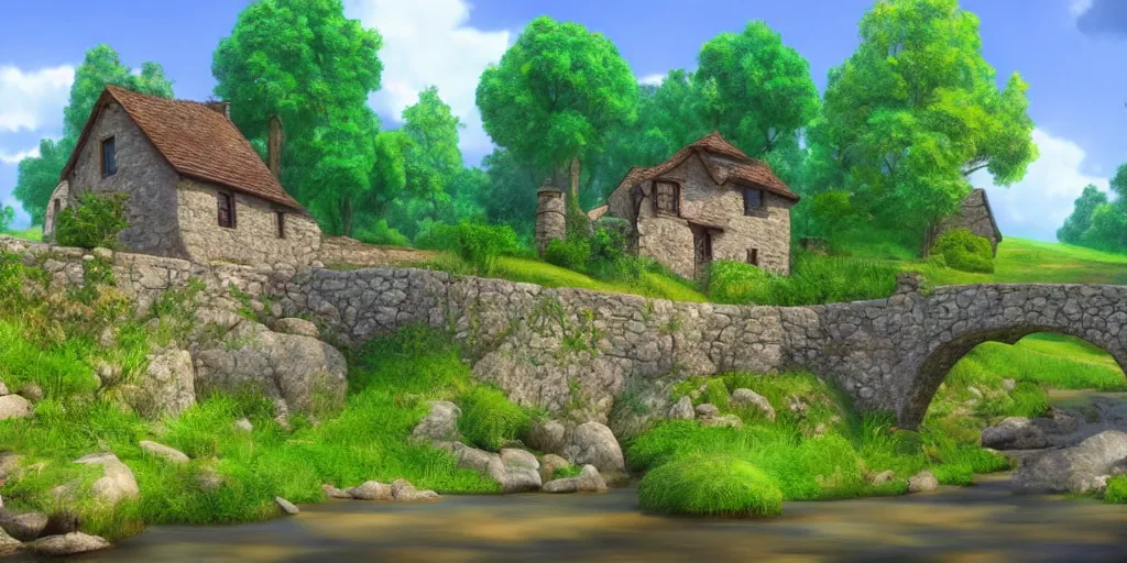 Image similar to a serene landscape with a small medieval stone house near a river in the style of Pixar, anime style, low saturation, high quality, highly detailed, 4k, complementary colours, cartoon