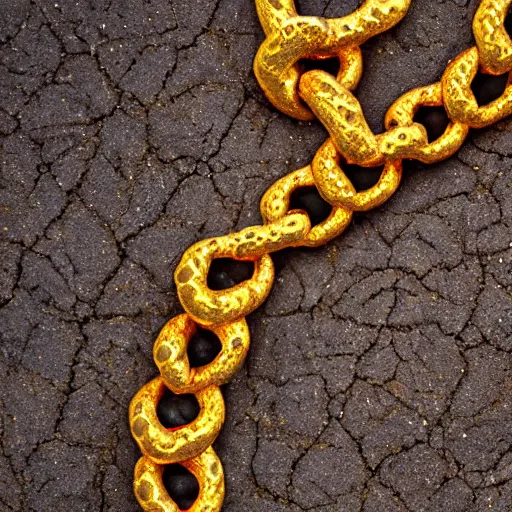 Prompt: a gold chain, surrounded by molten lava