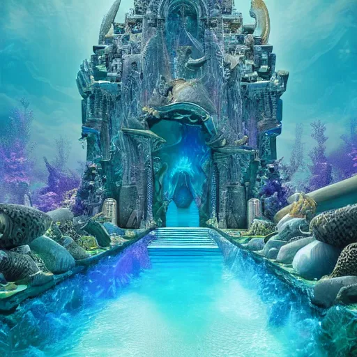 Image similar to unreal engine, octane render, intricate detail, maximalist, gilbert williams portrait of a crystal temple in atlantis, iridescent dolphins swimming in the sea, unicorn flying in the sky, paleozoic atlantis